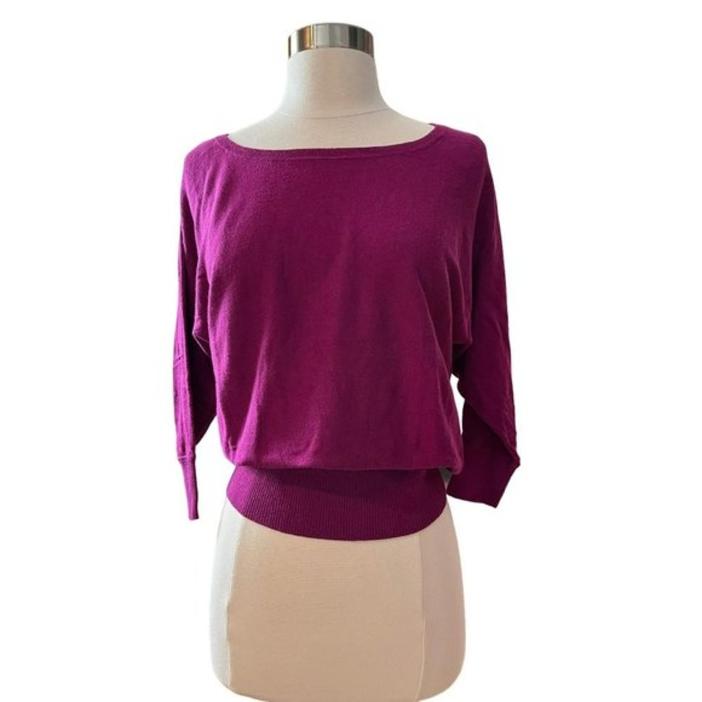 LOFT Fuschia Purple Fine Knit Boatneck Sweater - L Cotton, Rayon and Wool